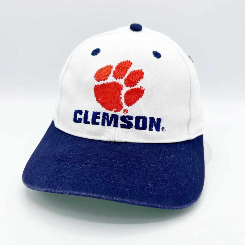 Vintage 90s Russell Cap Clemson Tigers Snapback Hat White Blue Orange Paw Logo
